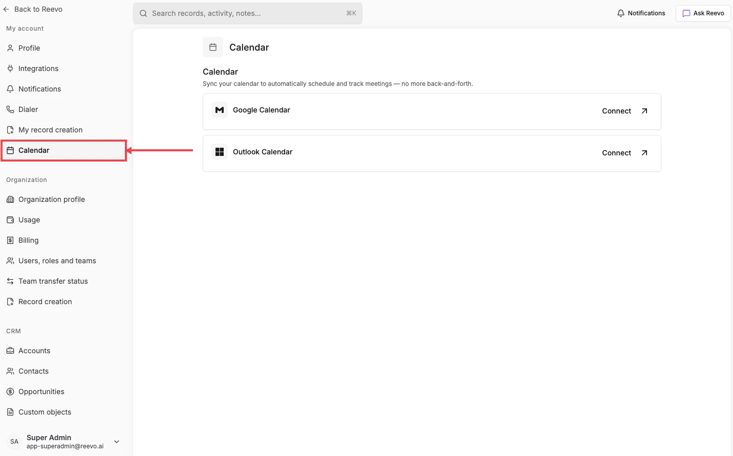 Calendar settings page, with the Calendar link highlighted in the Settings sidebar