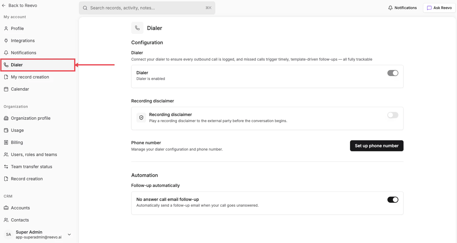 Dialer settings page with Configuration and Automation sections