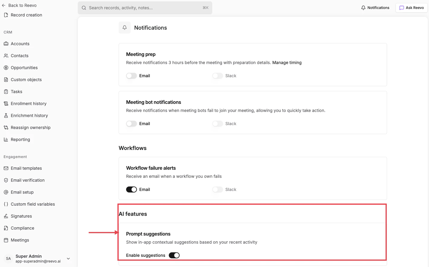 AI features section of the Notifications page