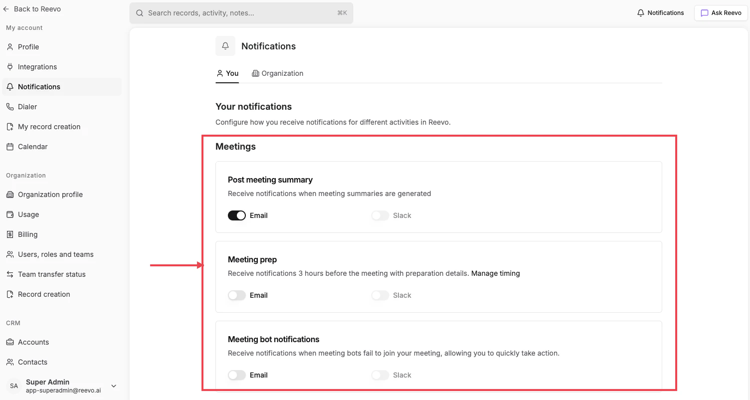 Meetings section of the Notifications page
