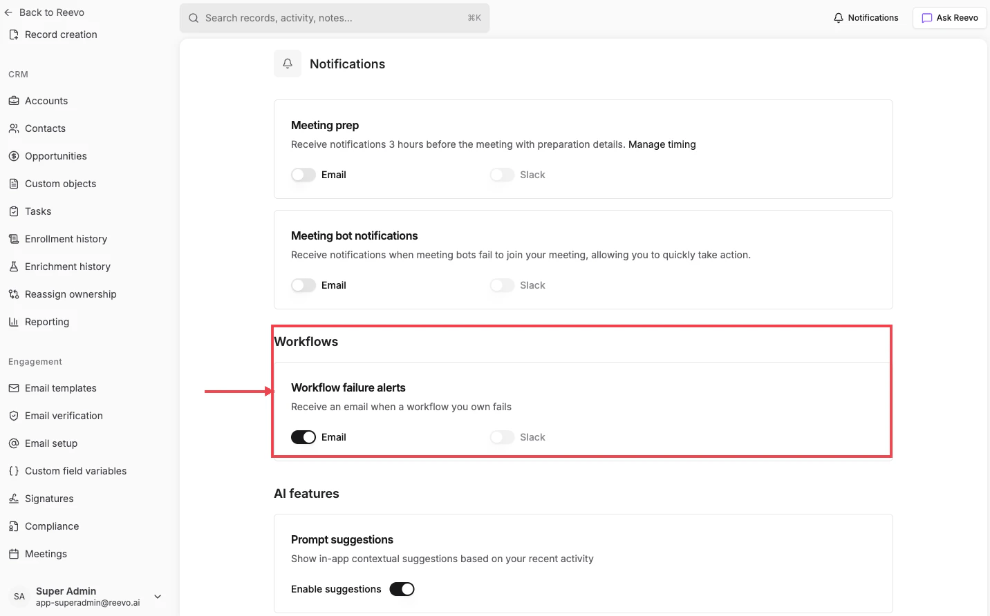 Workflows section of the Notifications page
