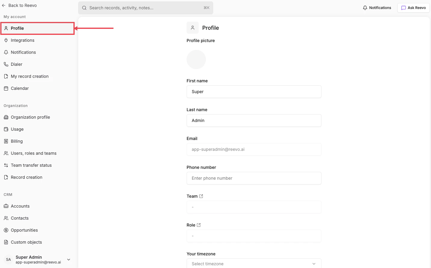 Profile page, with the Profile link highlighted in the Settings sidebar