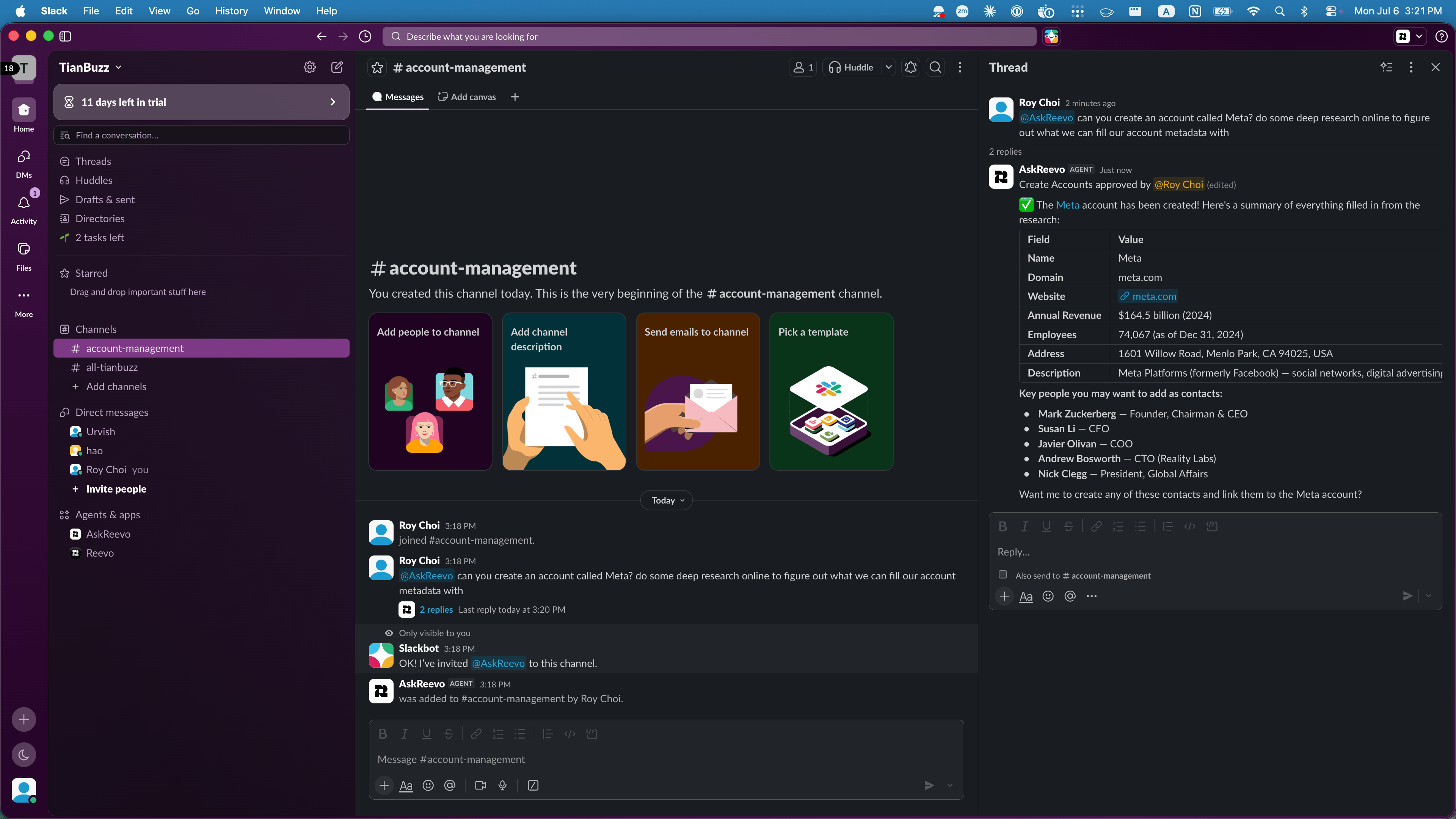 Ask Reevo posting a completed account summary in a Slack thread with fields and related contacts populated from research