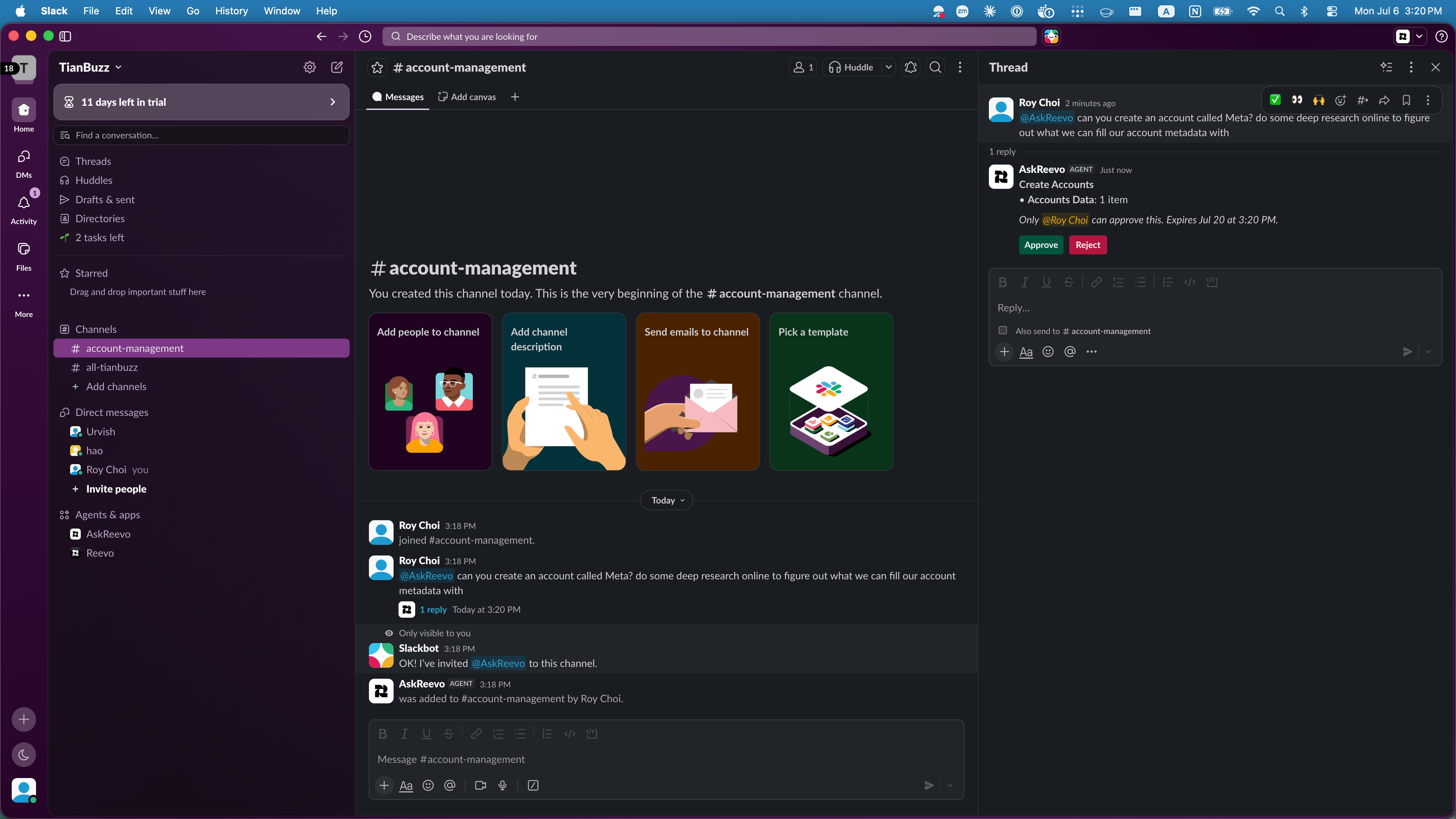 Ask Reevo approval card in a Slack thread asking to create an account, with Approve and Reject buttons