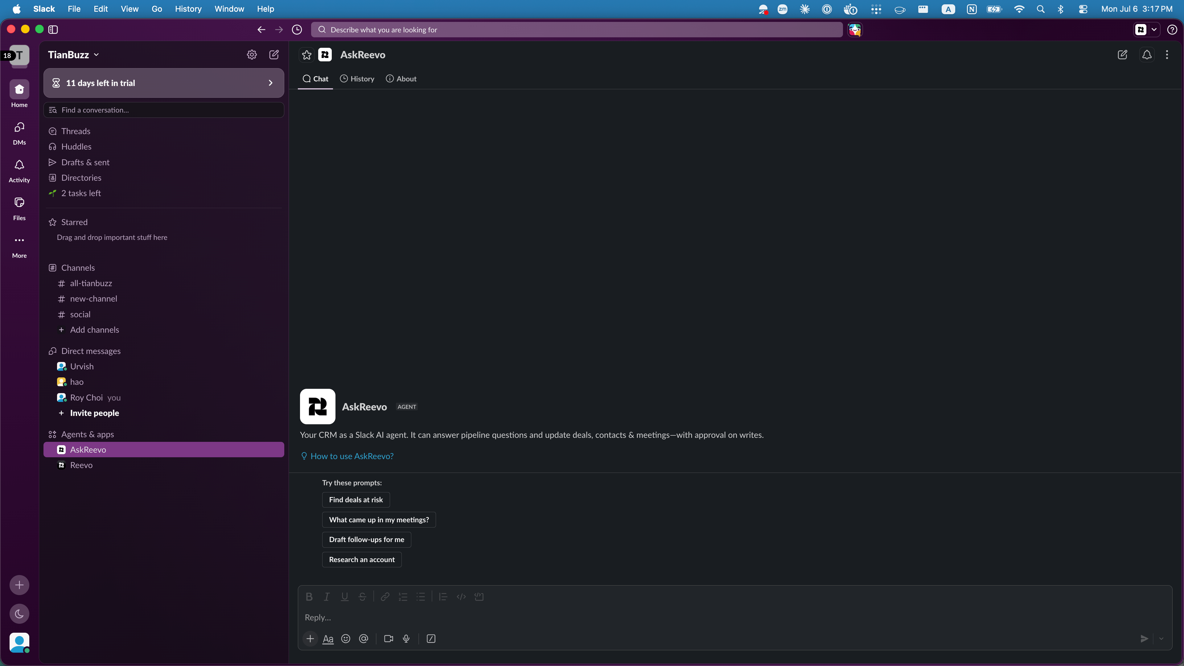 Ask Reevo open in the Slack assistant pane showing starter prompts such as "Find deals at risk" and "What came up in my meetings?"