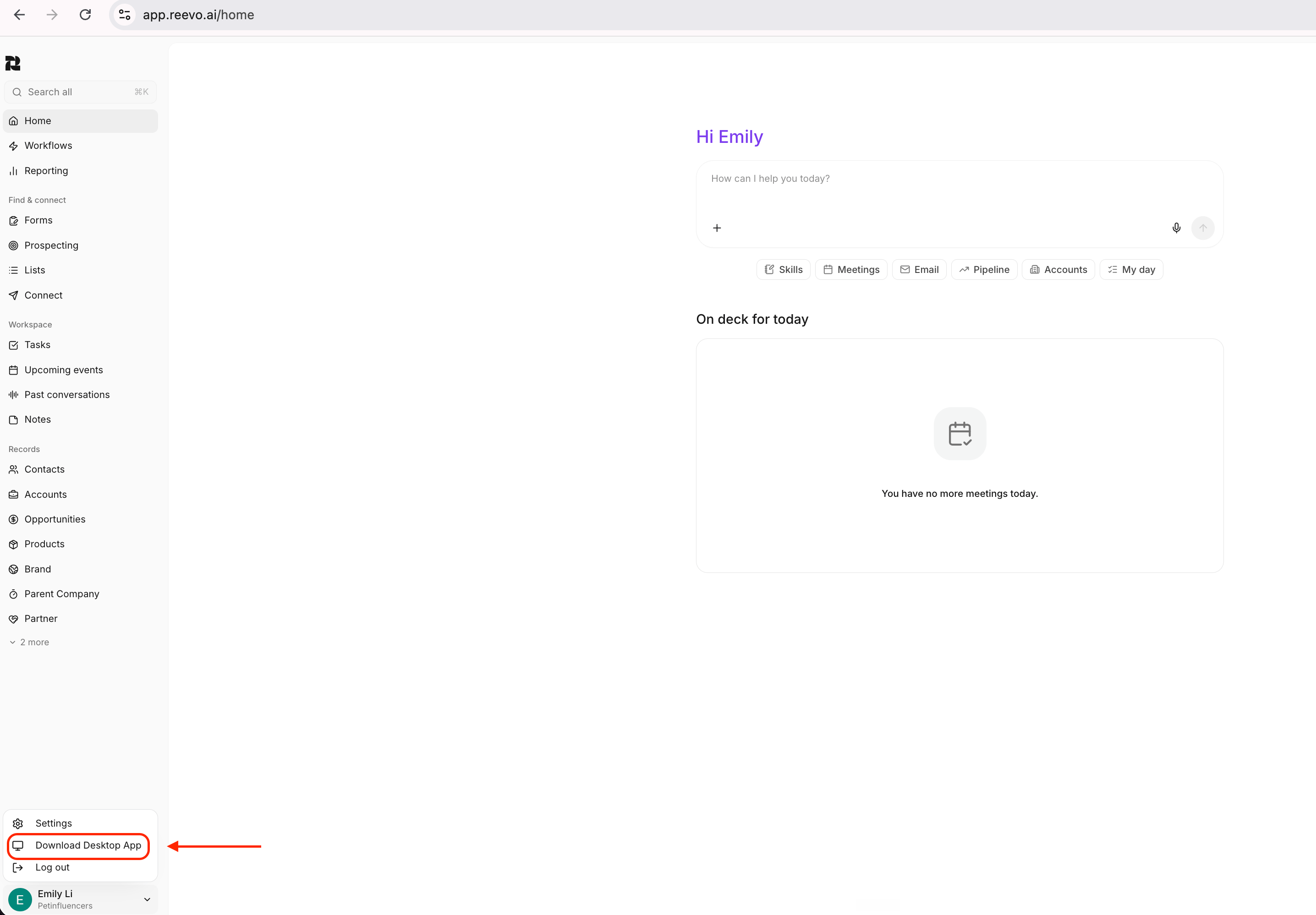 Download Desktop App option in the Reevo web app profile menu