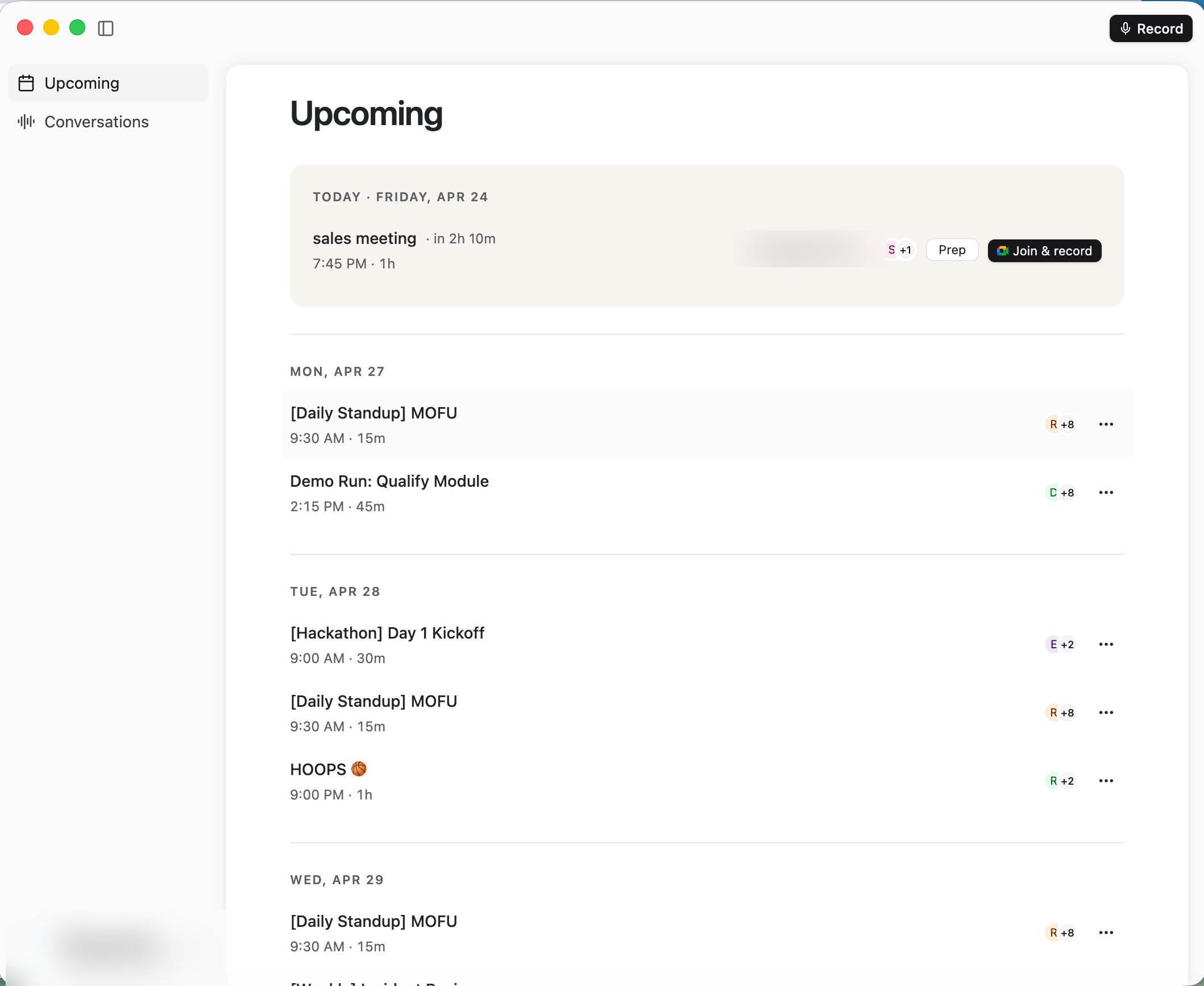 Upcoming Events page in the desktop app with the Join & record button