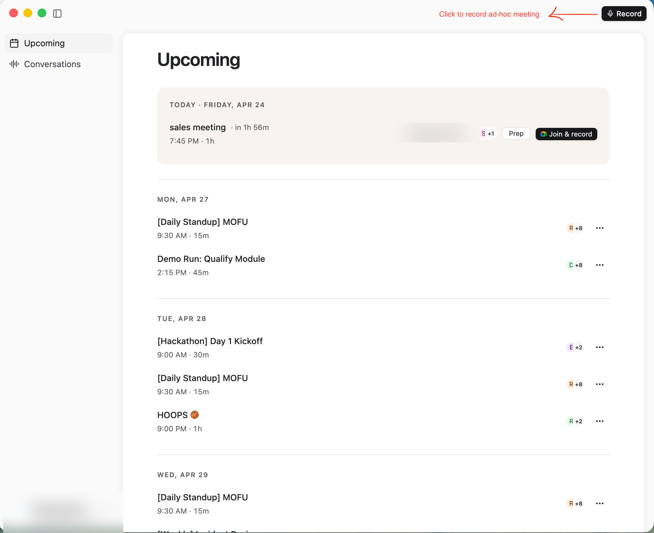 Record button for ad-hoc meetings in the top right of the desktop app