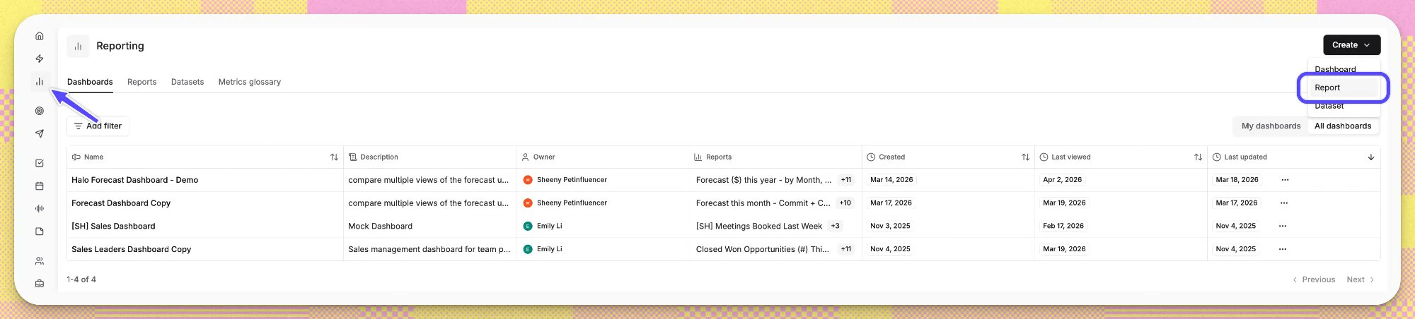 Reporting page showing Create Report option
