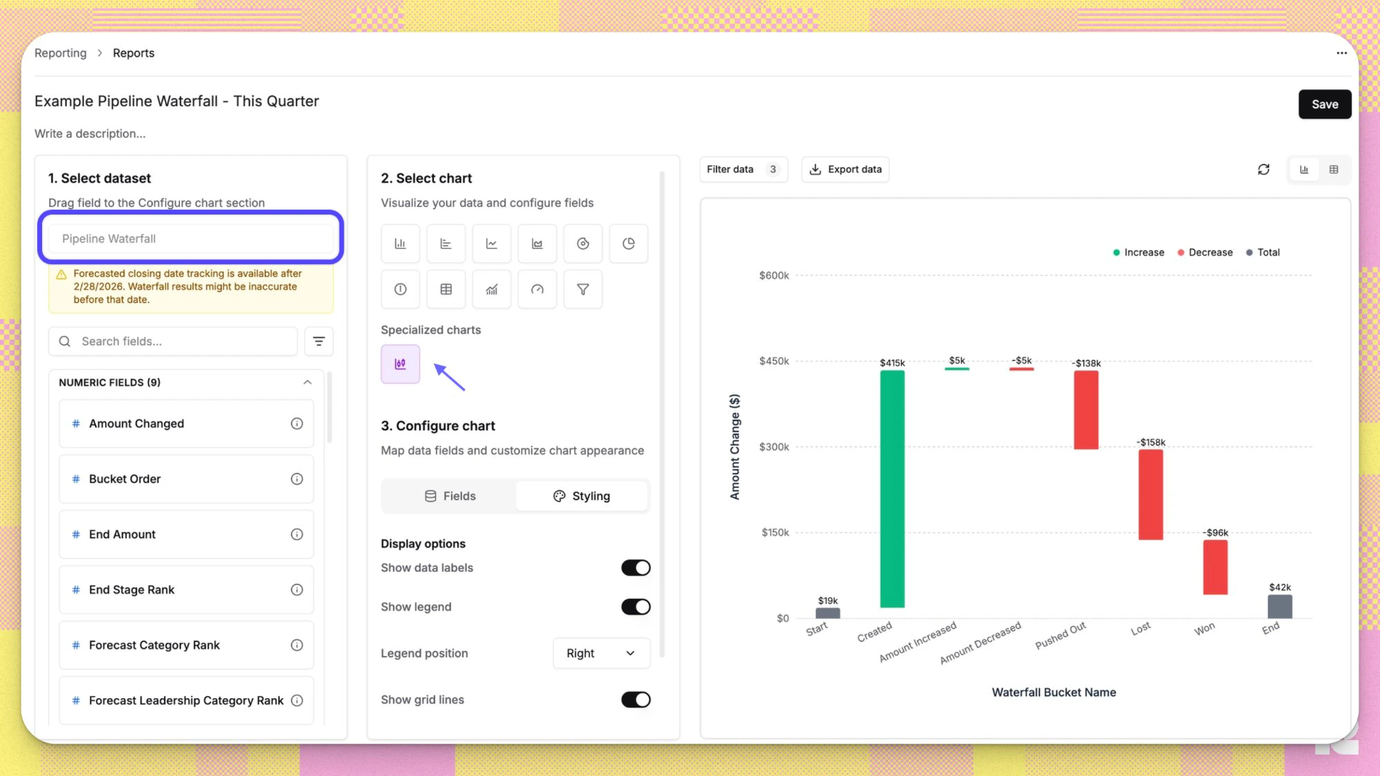 Pipeline Waterfall chart type selected in the report builder