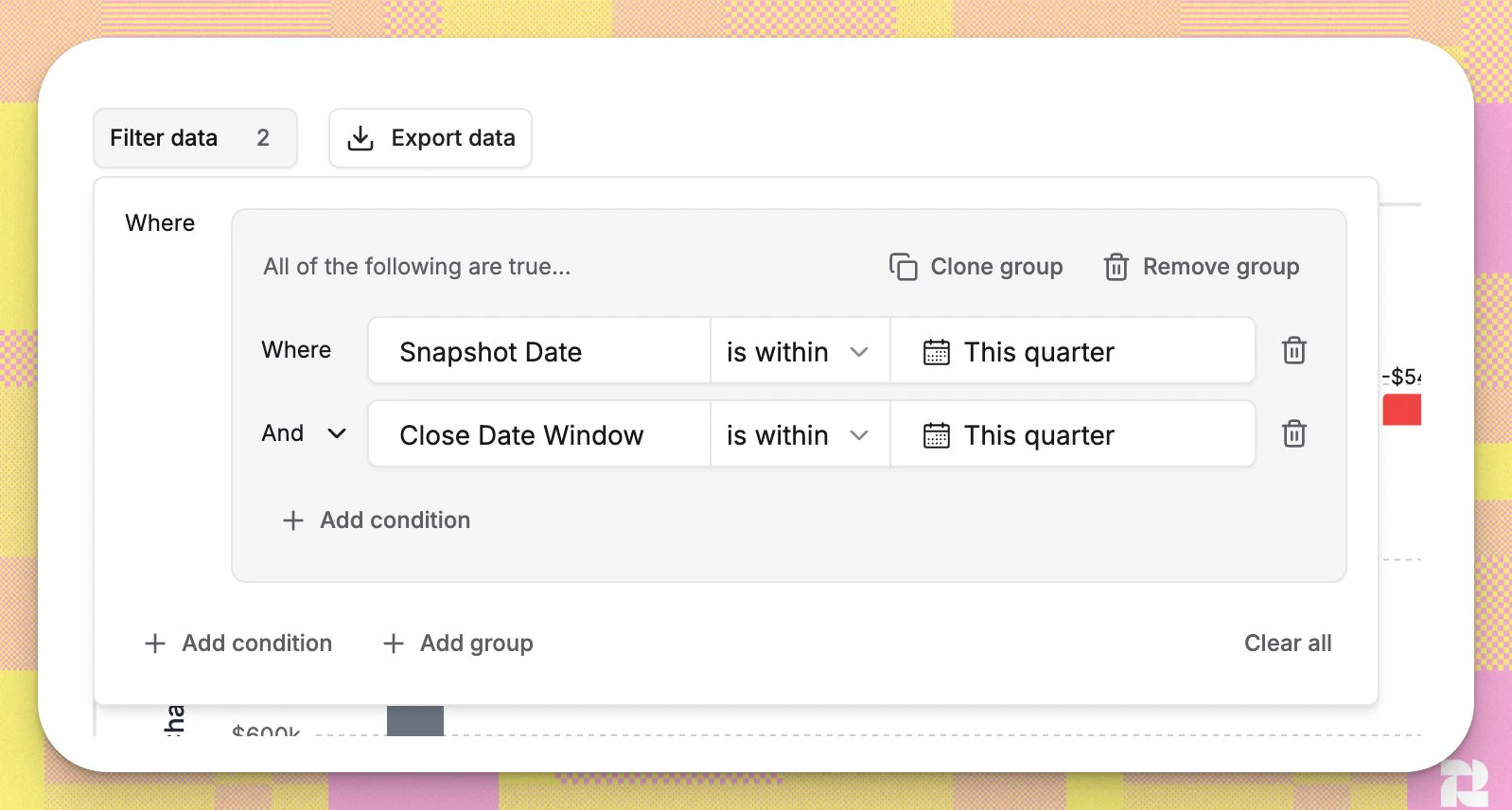 Filter panel showing Snapshot Date and Close Date Window both set to This Quarter