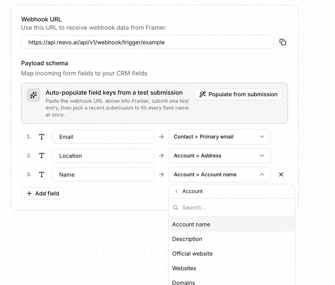 Reevo's payload schema with the Populate from submission action and incoming fields mapped to Contact and Account CRM fields.