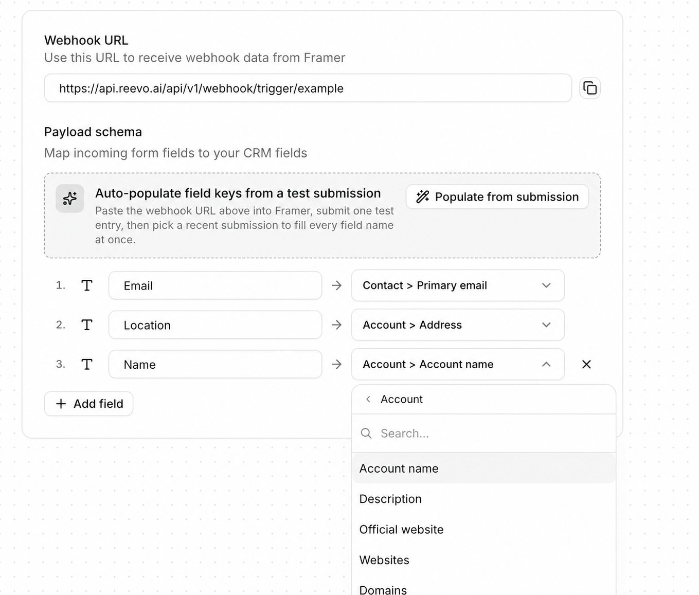 Reevo's payload schema with the Populate from submission action and incoming fields mapped to Contact and Account CRM fields.