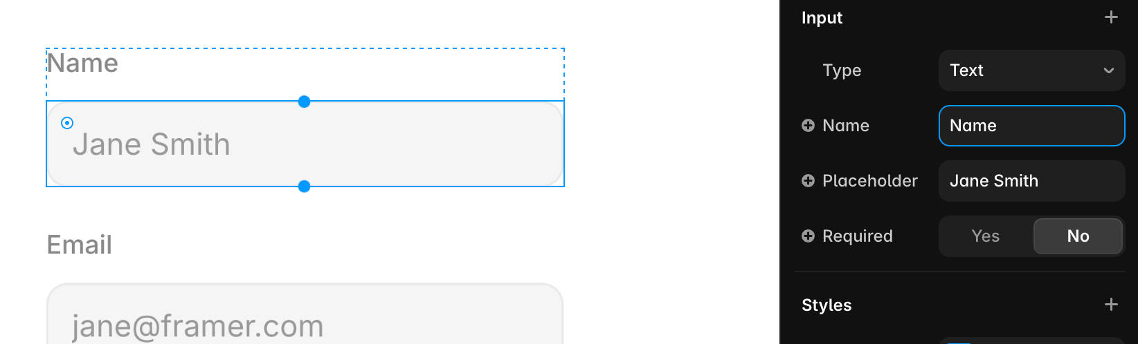 A Framer input selected with its Name field shown in the right sidebar.