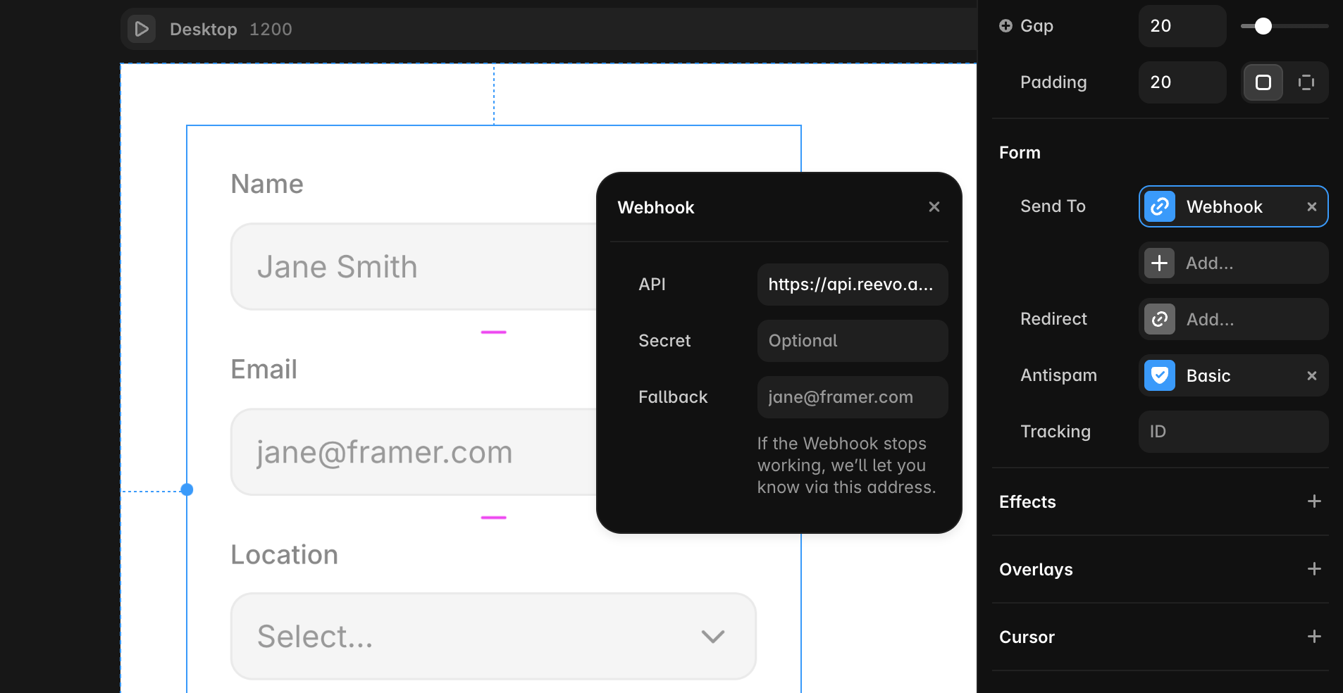 Framer's form settings with Webhook selected under Send To and the webhook configuration open.