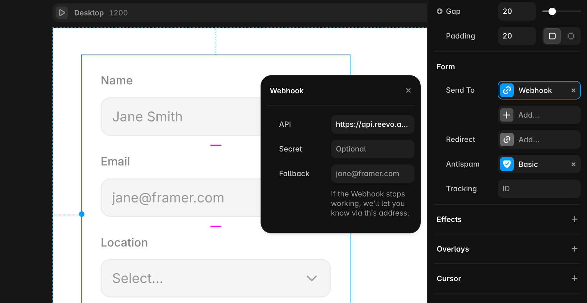 Framer's form settings with Webhook selected under Send To and the webhook configuration open.