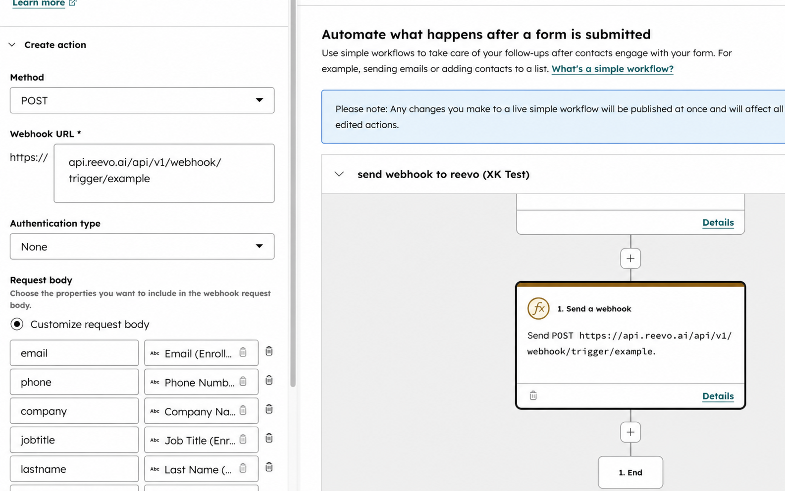 HubSpot's Send a webhook action with the POST URL, customized request body, and mapped form properties.