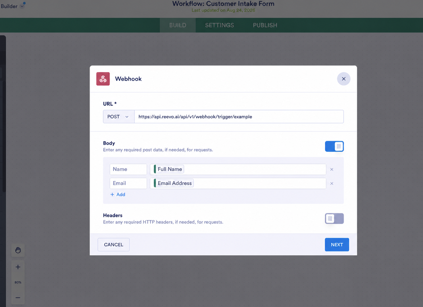 Jotform's Webhook configuration with the POST URL and custom request-body keys connected to form fields.
