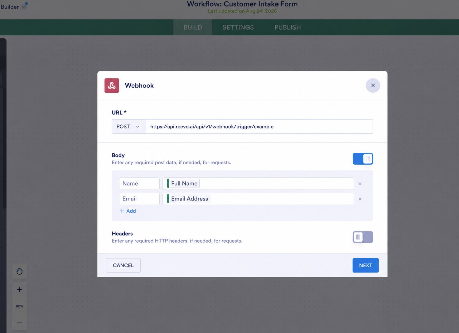 Jotform's Webhook configuration with the POST URL and custom request-body keys connected to form fields.