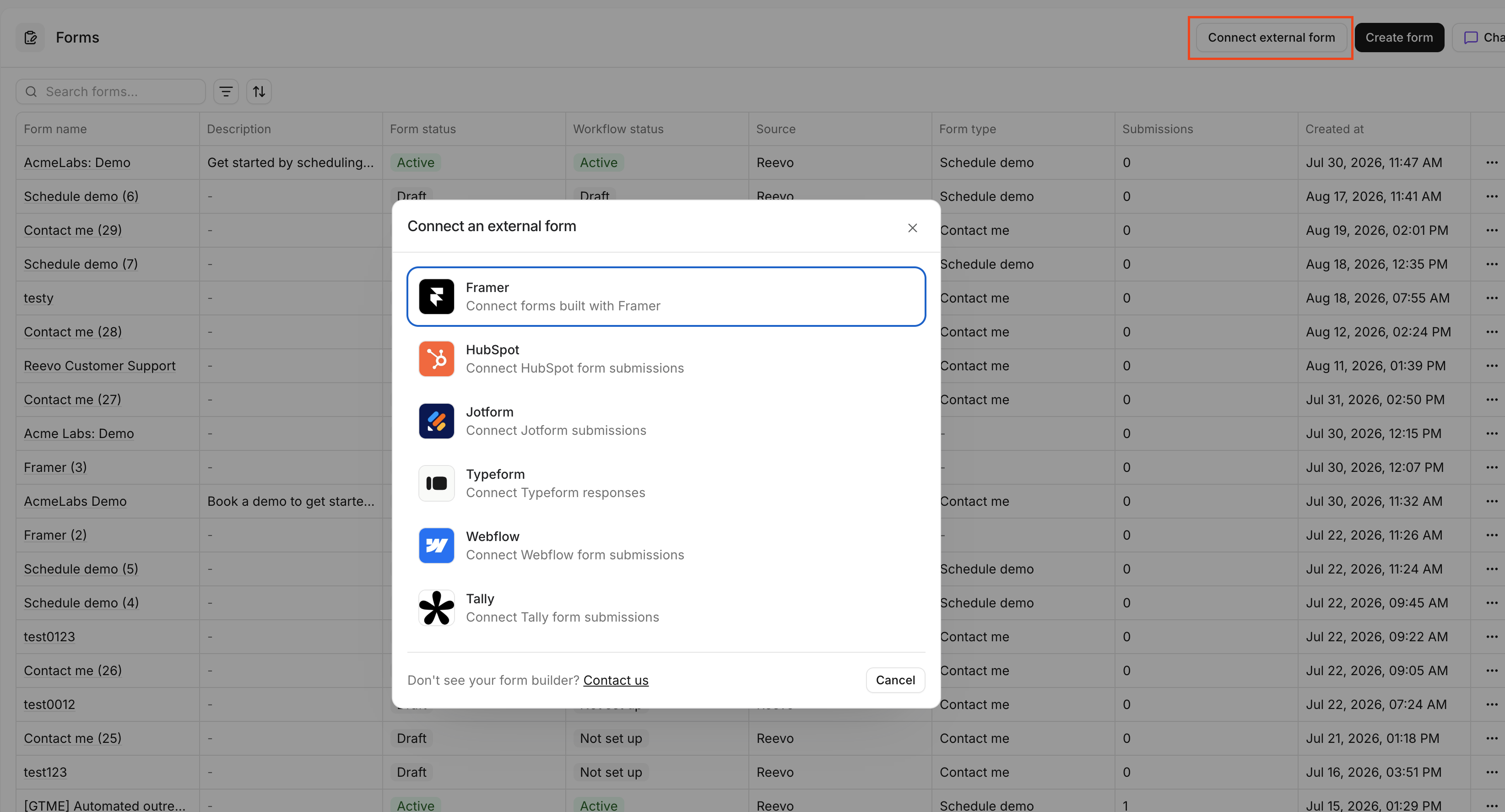 The Connect an external form dialog in Reevo, showing Framer, HubSpot, Jotform, Typeform, Webflow, and Tally as provider options.