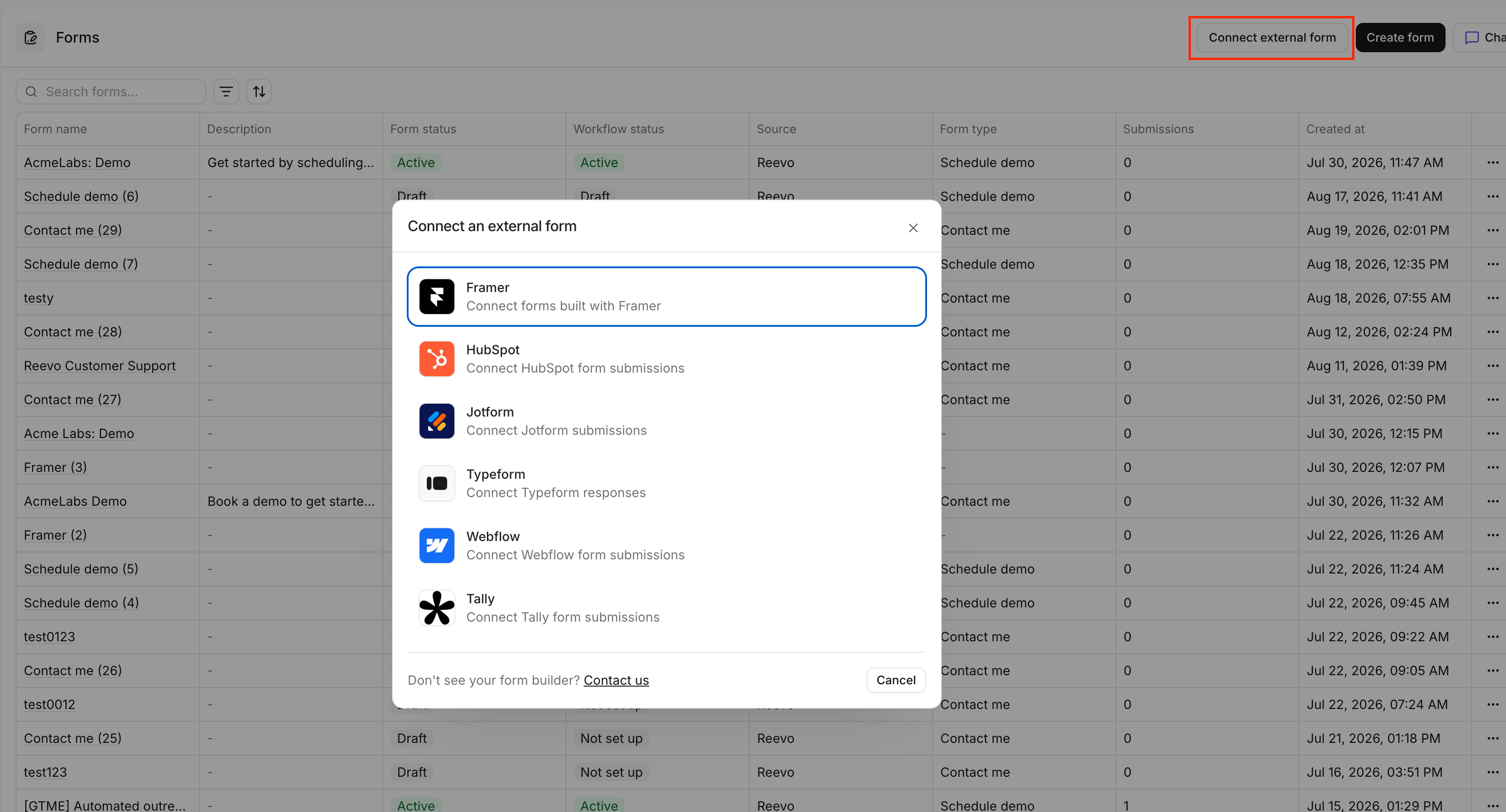 The Connect an external form dialog in Reevo, showing Framer, HubSpot, Jotform, Typeform, Webflow, and Tally as provider options.