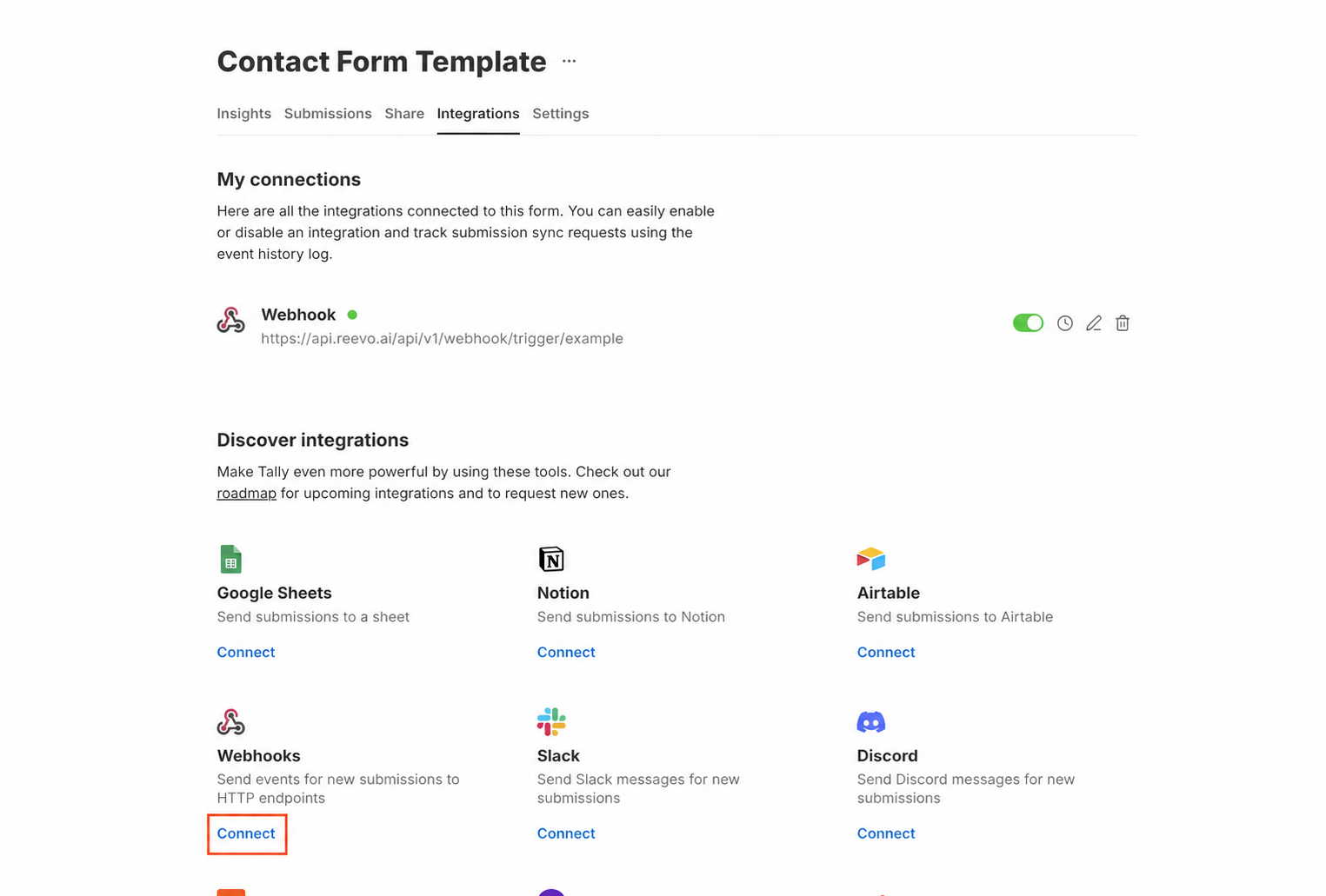 Tally's Integrations tab with the Webhooks integration and its Connect action highlighted.