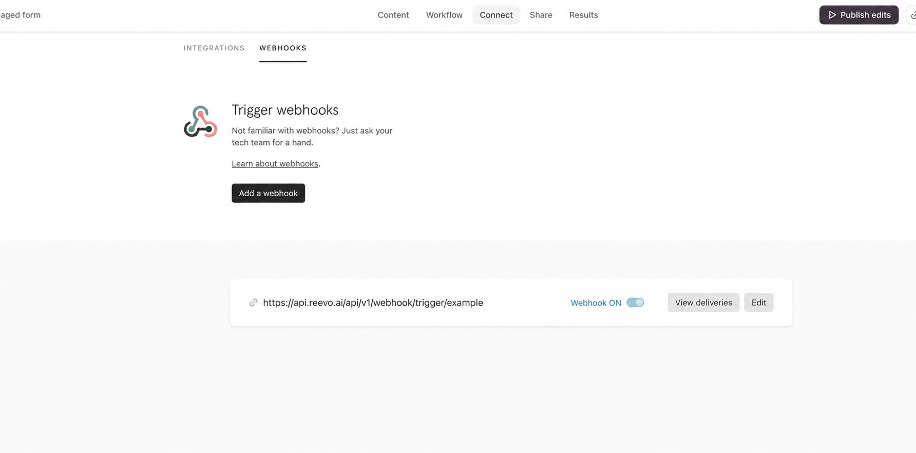 Typeform's Webhooks page with the Add a webhook button, an enabled webhook, and the View deliveries action.