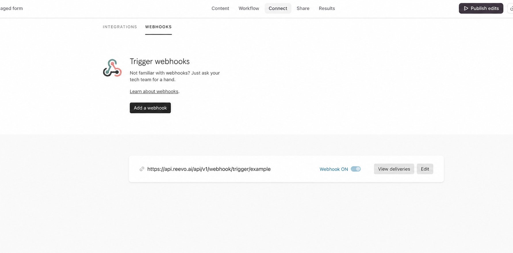 Typeform's Webhooks page with the Add a webhook button, an enabled webhook, and the View deliveries action.
