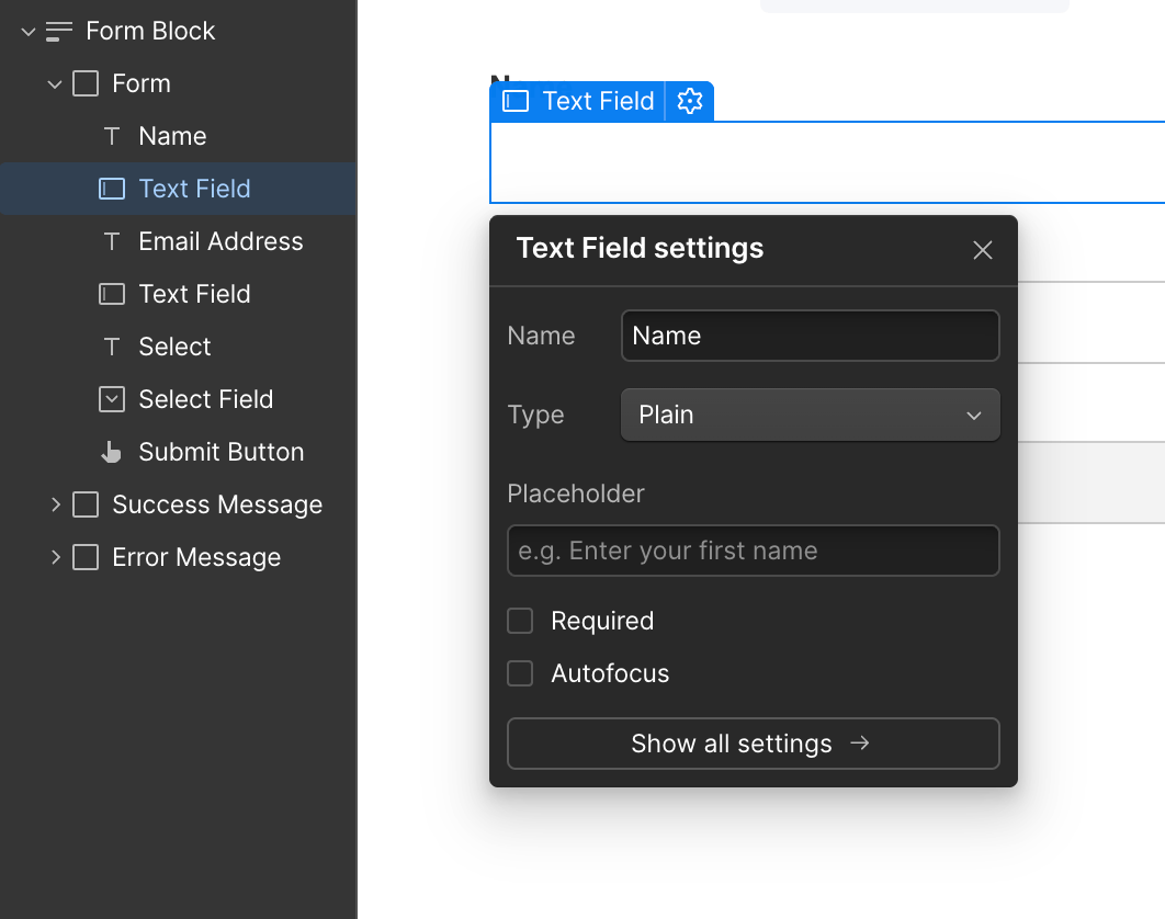 Webflow's Text Field settings with the Name used as the webhook payload key.