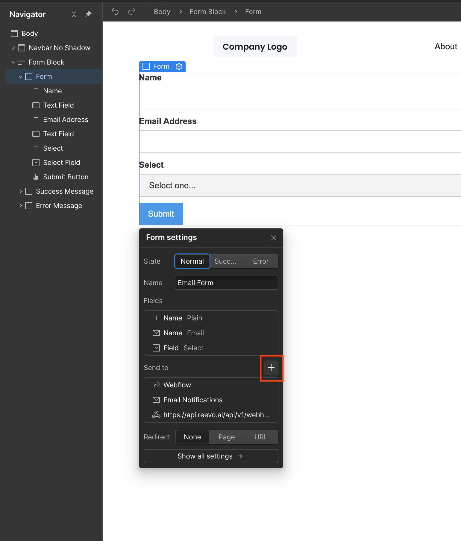 Webflow's Form settings with the control for adding a webhook highlighted under Send to.
