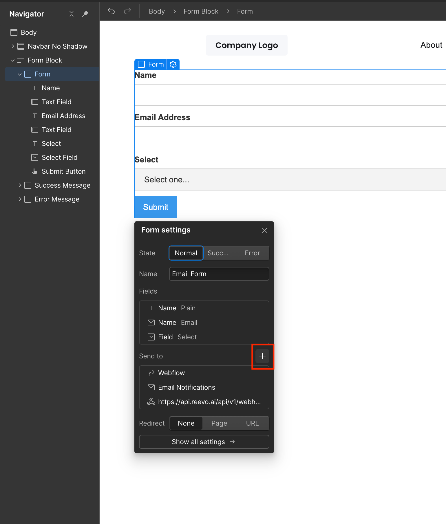 Webflow's Form settings with the control for adding a webhook highlighted under Send to.