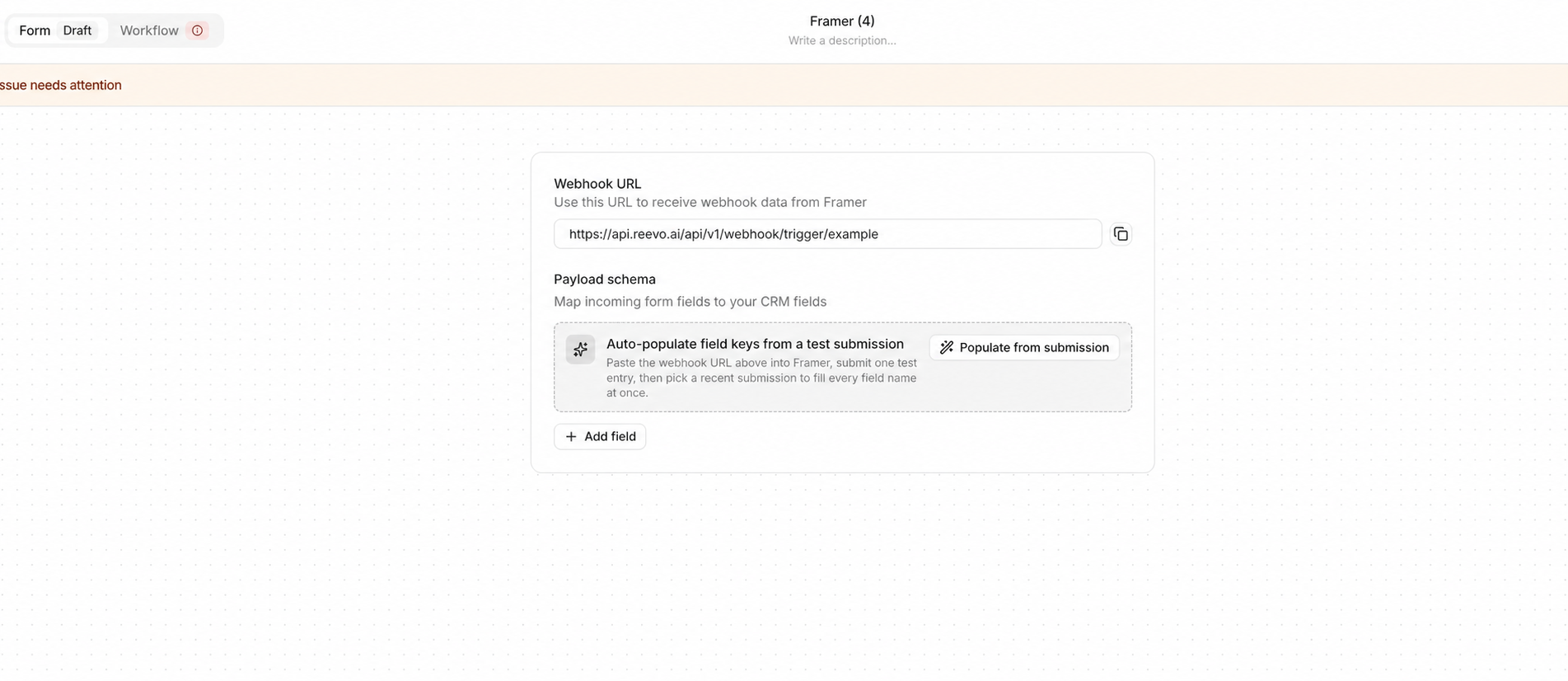 The external form builder in Reevo, showing the webhook URL, copy button, and option to populate field keys from a test submission.