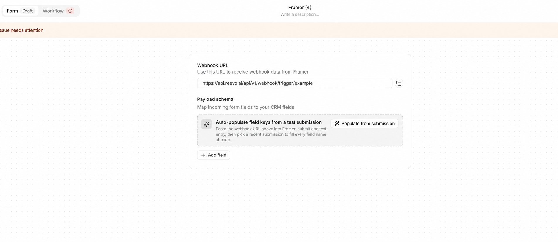 The external form builder in Reevo, showing the webhook URL, copy button, and option to populate field keys from a test submission.
