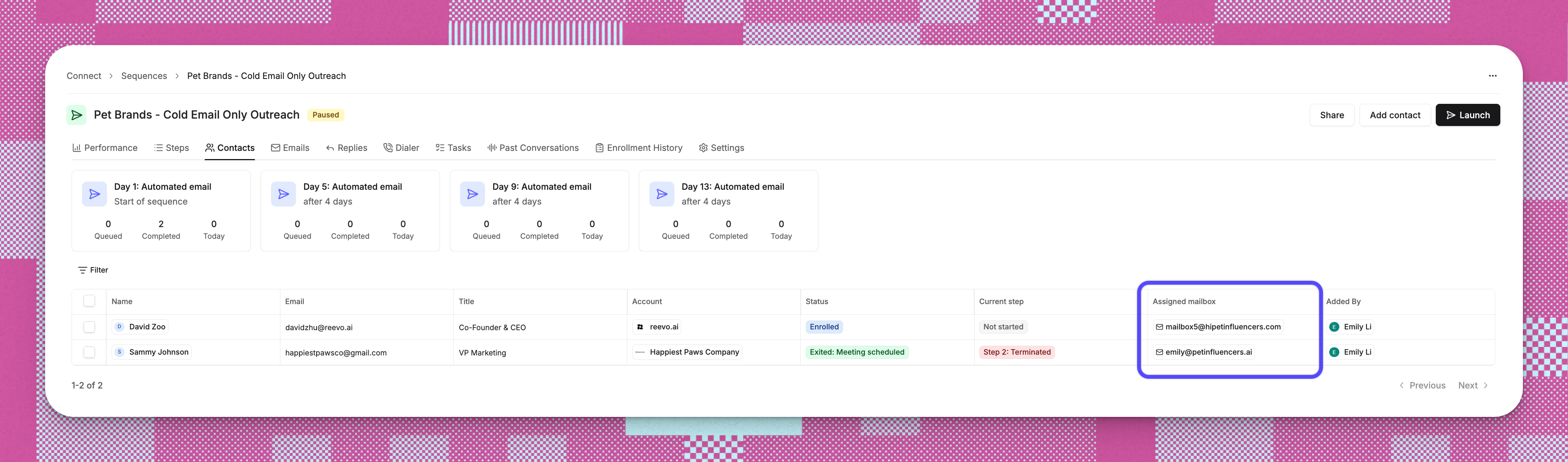 Sequences Contact Assigned Mailbox