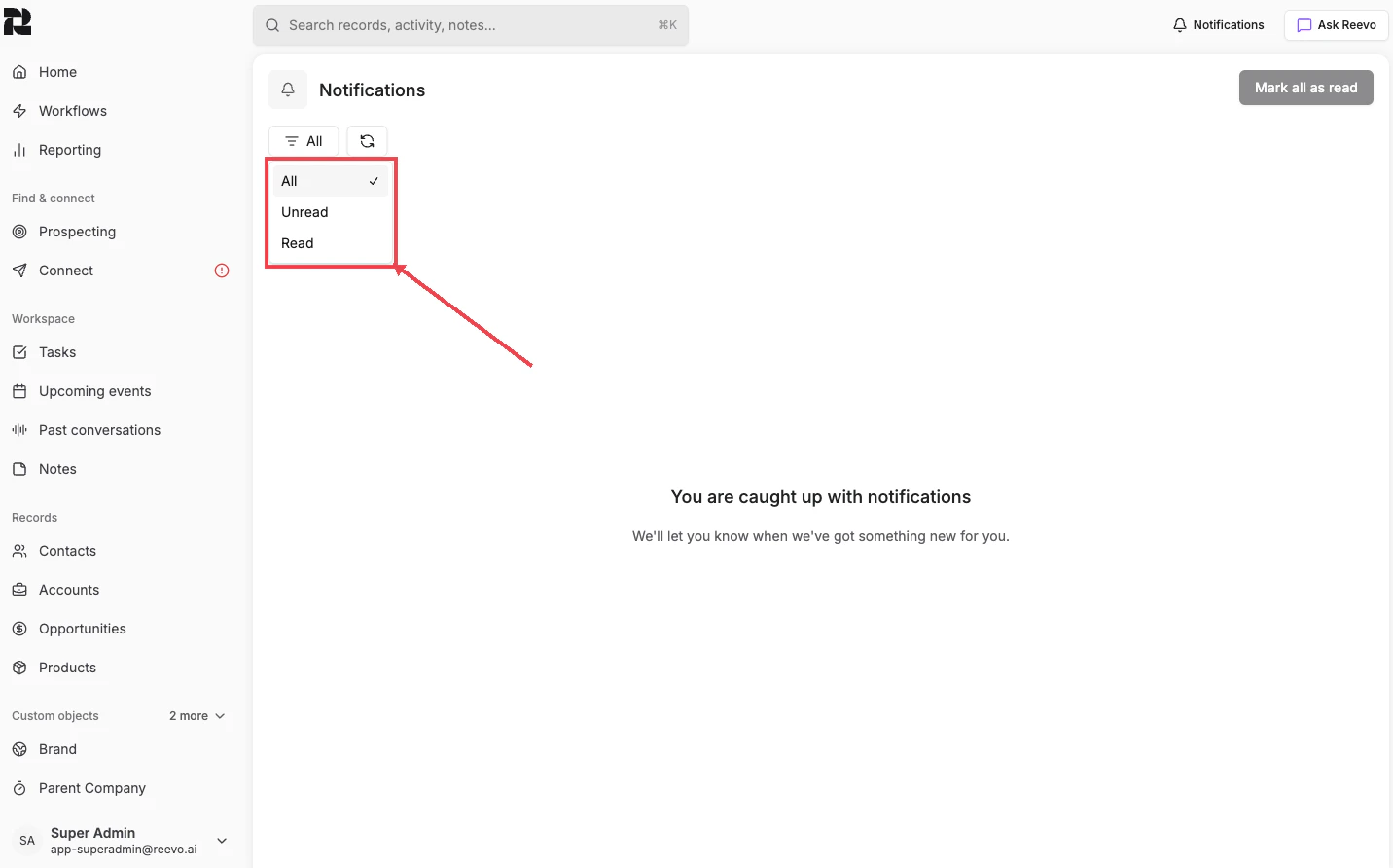 Filter dropdown showing All, Unread, and Read options