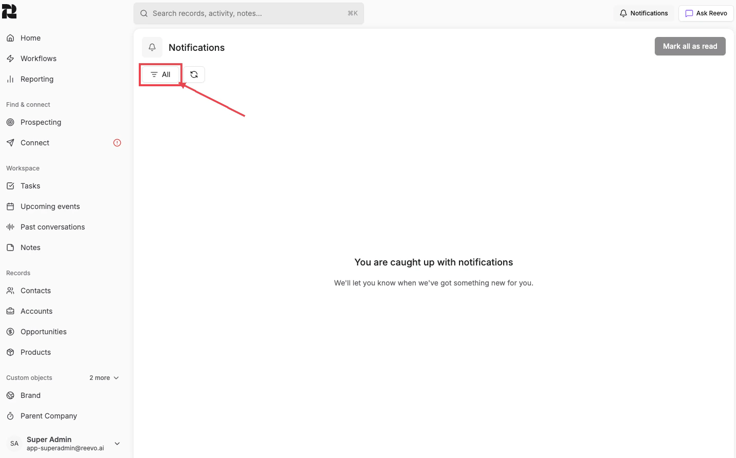 Full notifications page with filter and mark-all-as-read controls