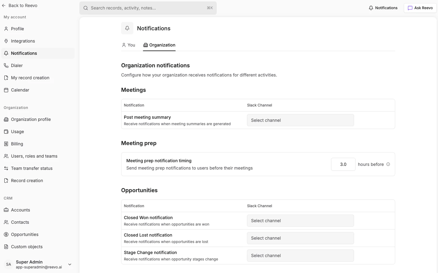 Organization notification settings with Slack channel configuration