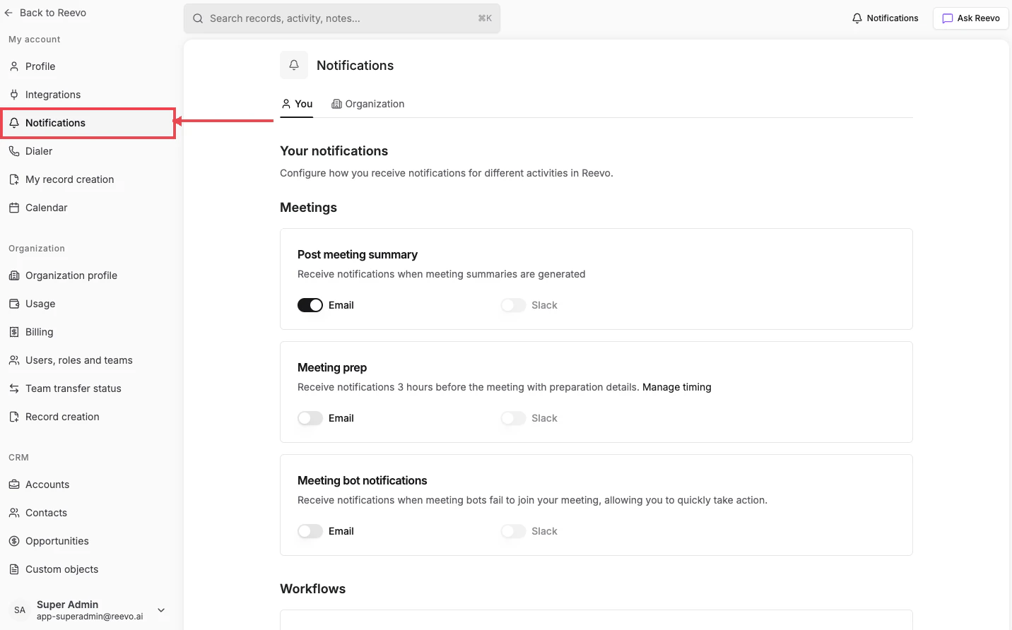 Settings page open to Notifications with the You tab visible