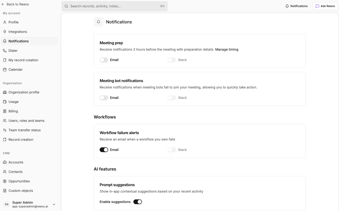 Personal notification settings with email and Slack toggles