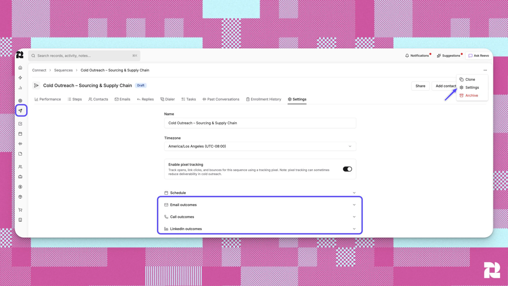 Sequence Settings tab showing the Email outcomes, Call outcomes, and LinkedIn outcomes collapsible sections