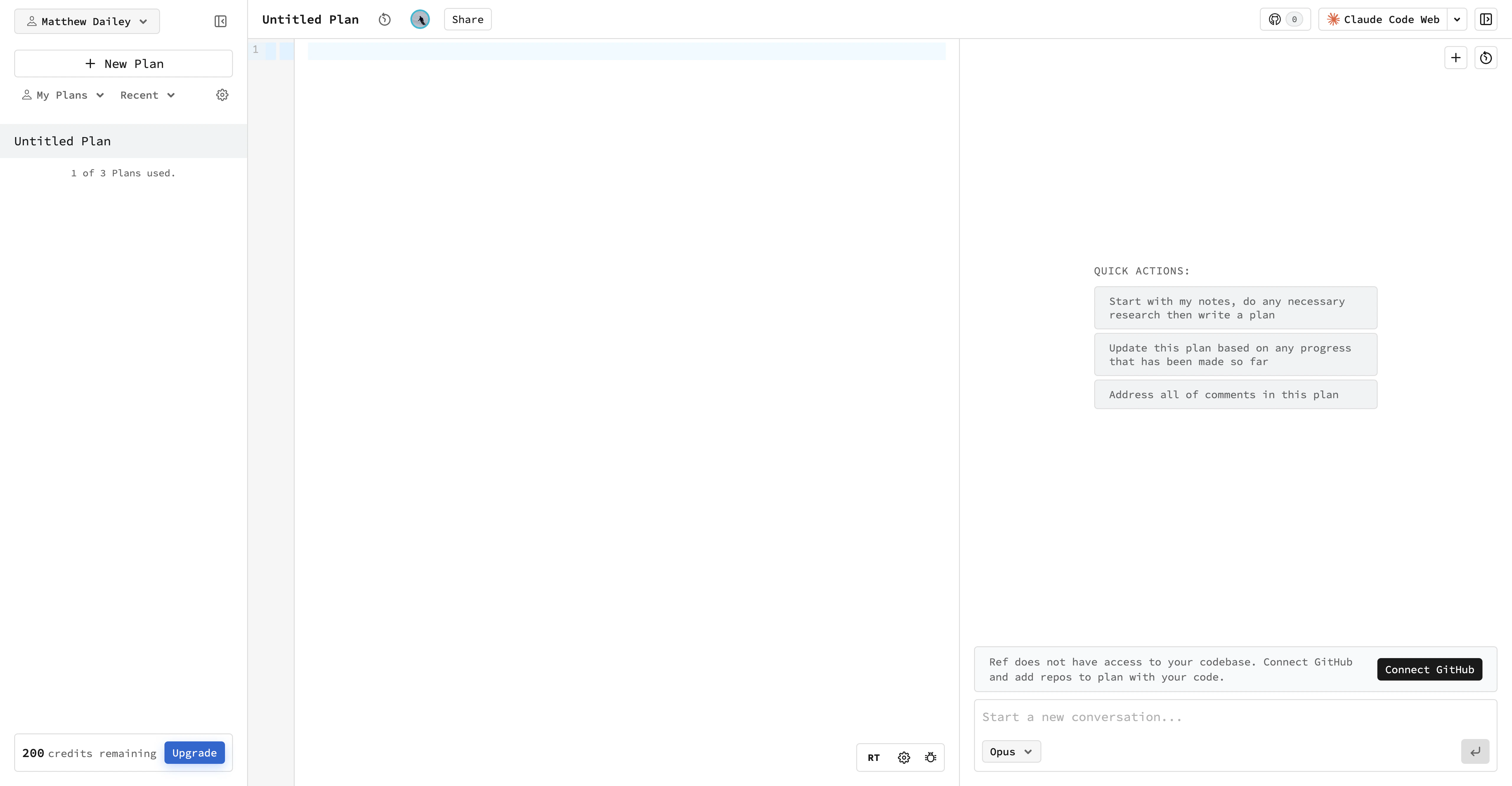 The plan editor immediately after creating a new plan — empty document titled 'Untitled Plan', the chat panel on the right with quick actions, and a banner prompting you to connect GitHub.