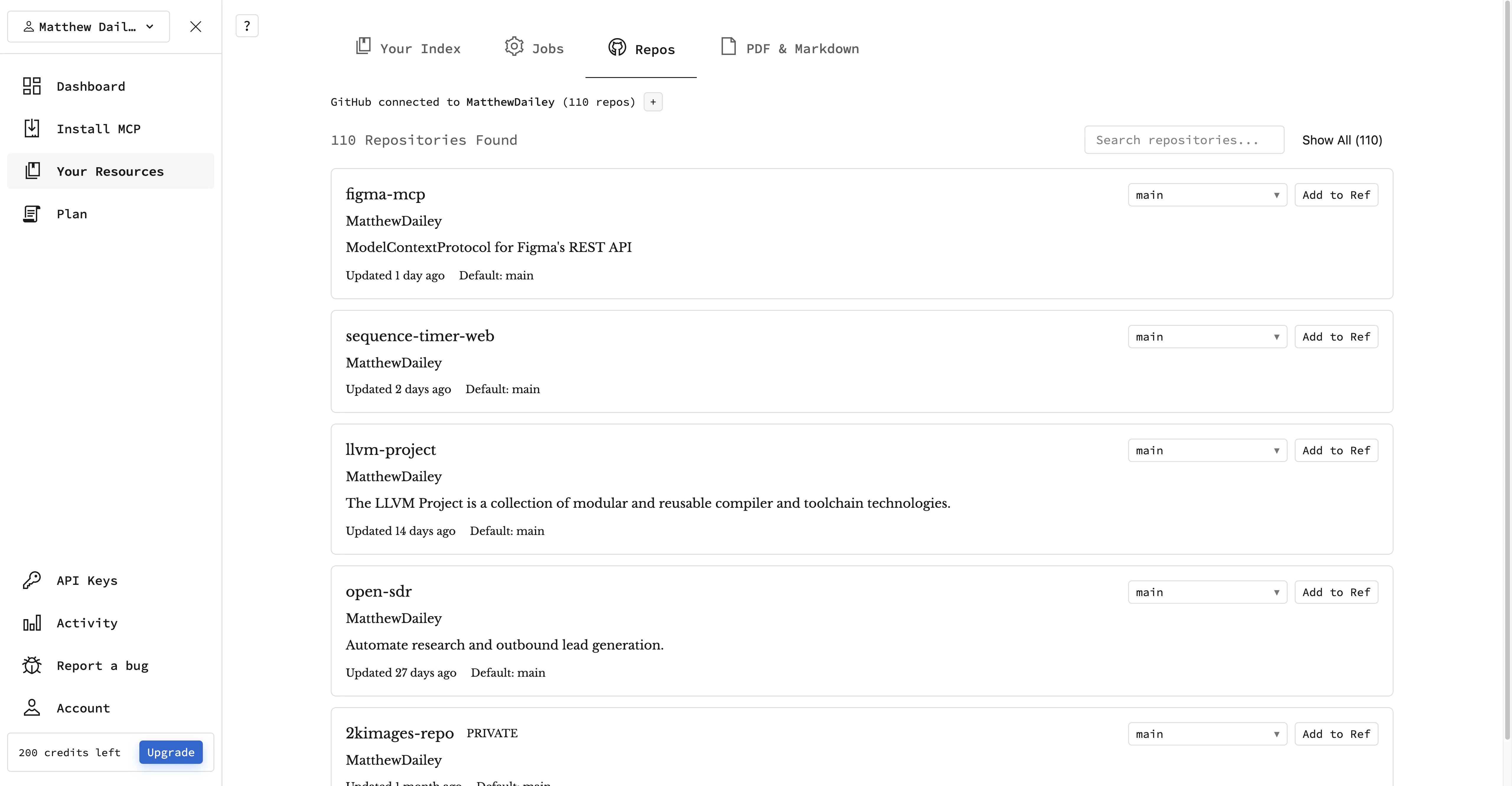 The Your Resources page with the Repos tab selected, showing a list of GitHub repositories with branch selectors and 'Add to Ref' buttons.
