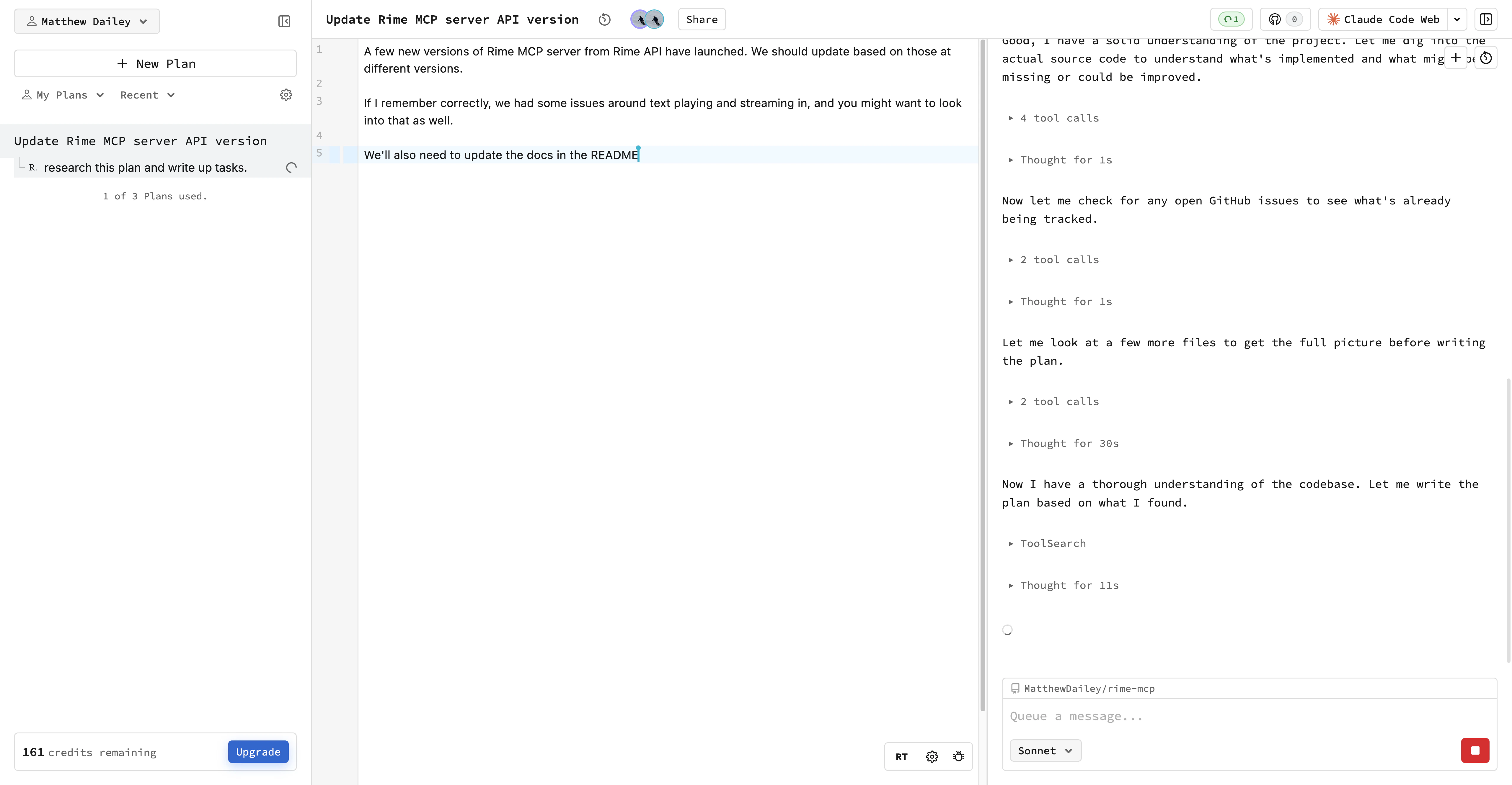 Split view showing rough notes in the plan editor on the left, and the chat panel on the right where Ref is researching the codebase and writing tasks.