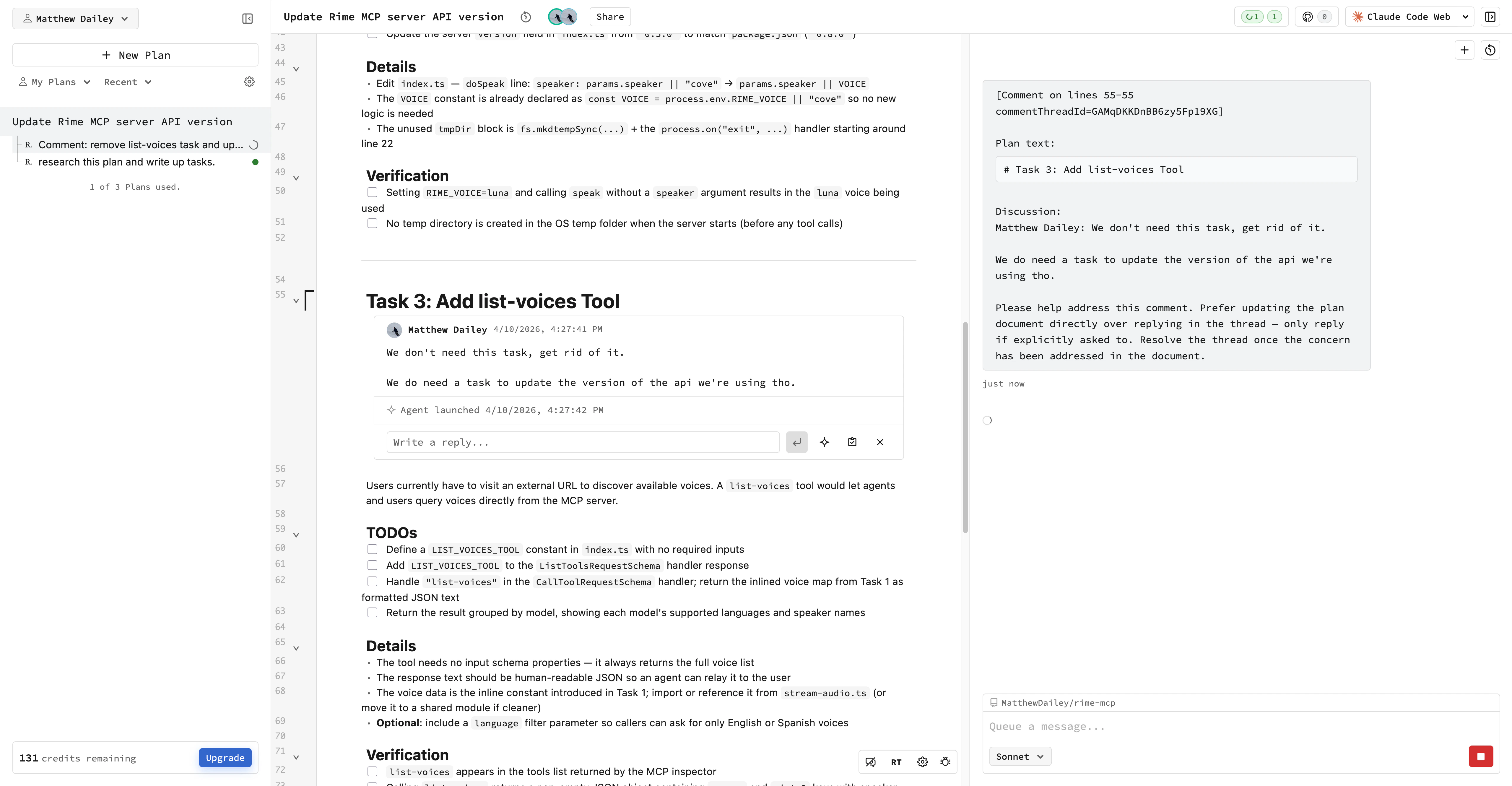 A comment thread on a task — the author leaving feedback, and the chat panel showing Ref addressing the comment and updating the plan.