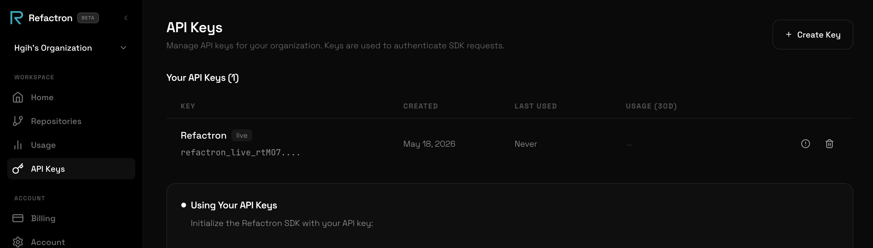 The API Keys page in the Refactron dashboard