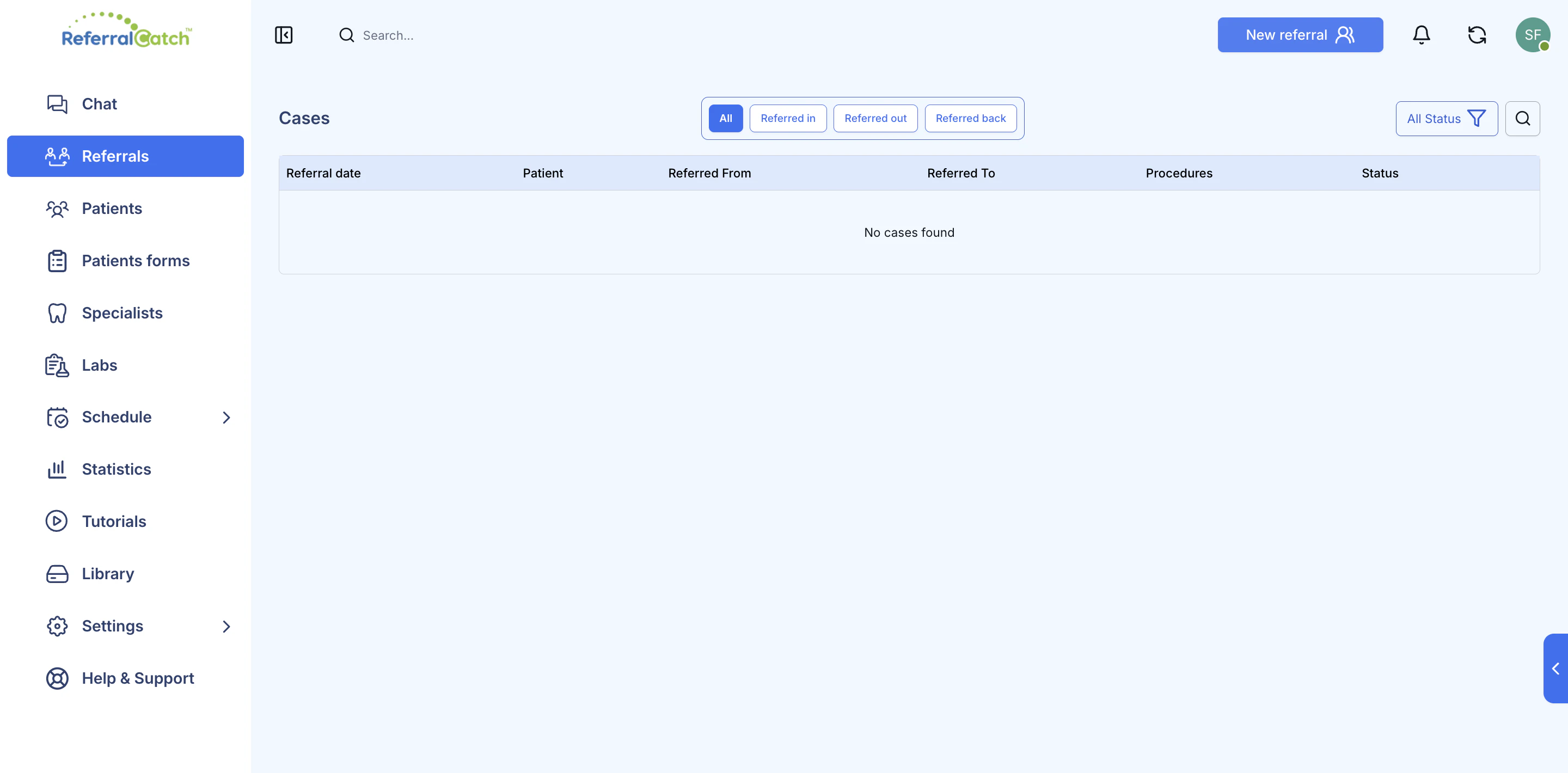Referrals page — Cases list