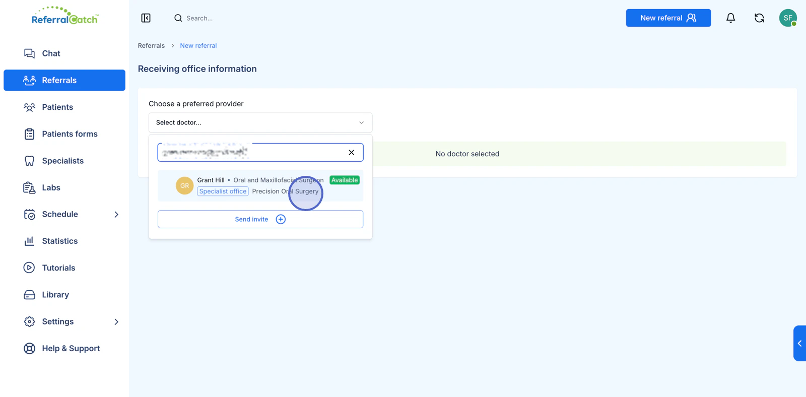 Search results showing a specialist — name, specialty, practice, and Available badge