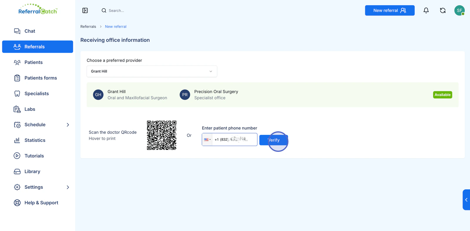 Receiving office information — QR code and phone number verification options