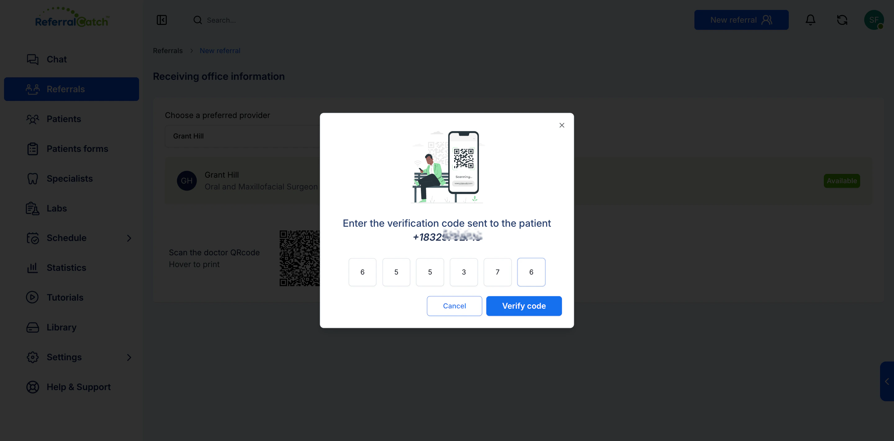 Verification code dialog — code entered and ready to submit