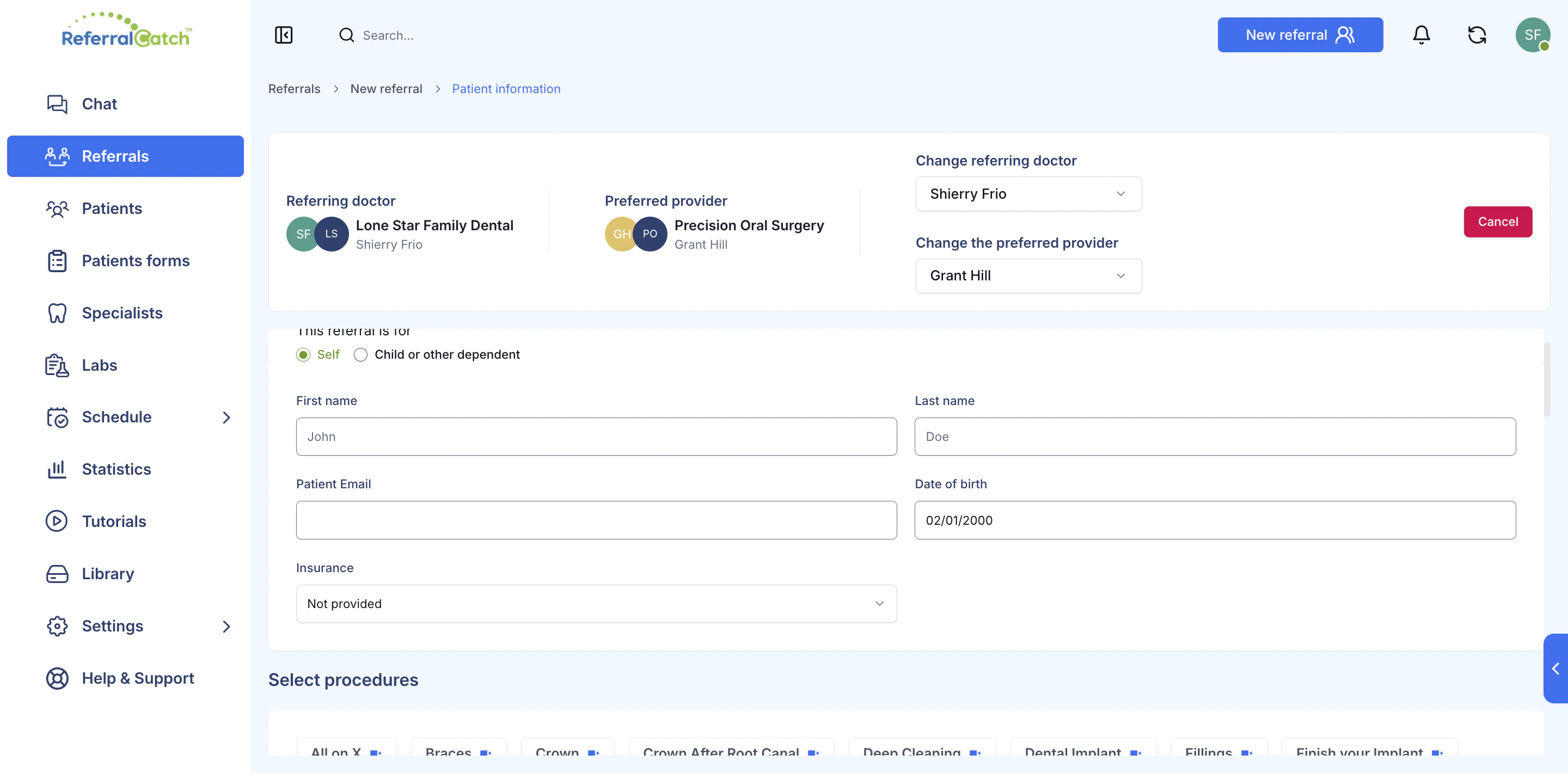 Patient information form — referring doctor, preferred provider, and patient fields